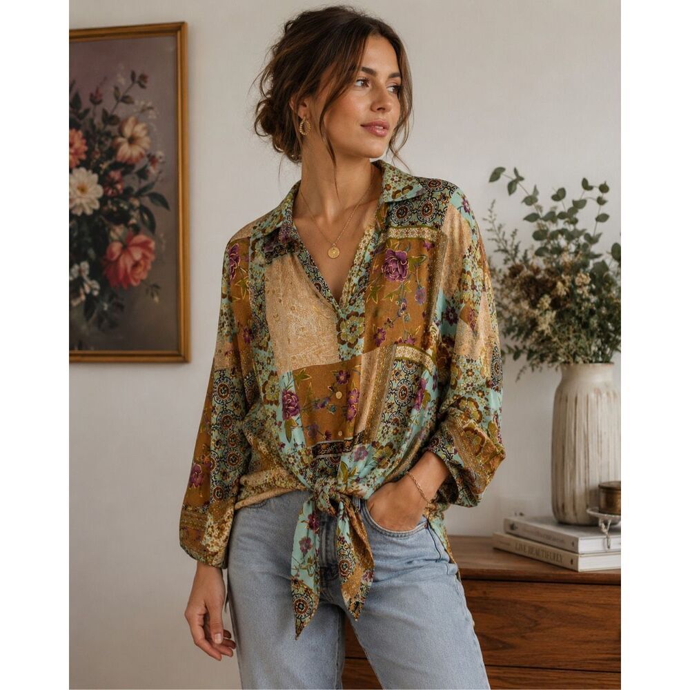 Vintage Cienna Patchwork Silk Blend Tie Front Blouse Boho Festival Top S/M